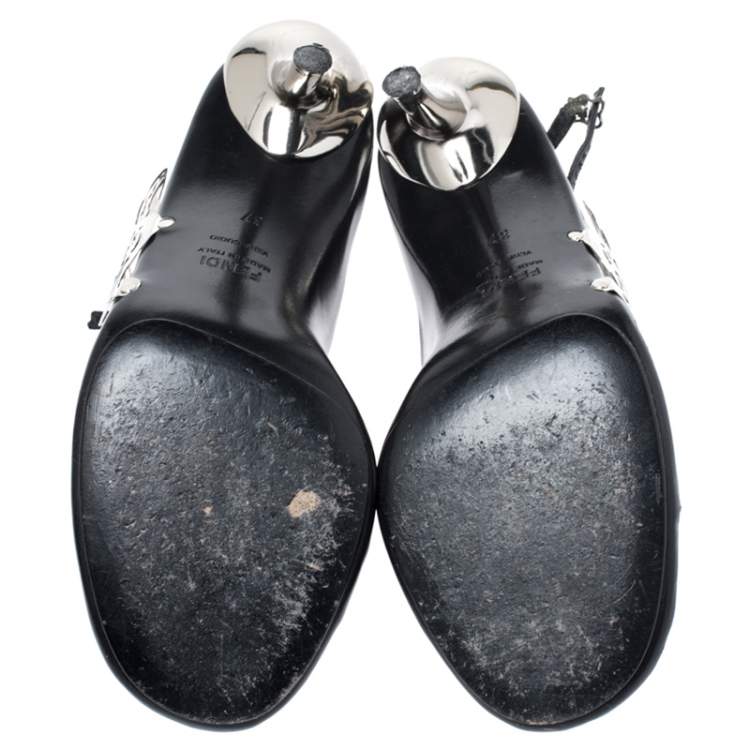Pre Owned Fendi Black Leather Metal Applique Embellished Ankle Strap Sandals Size 37