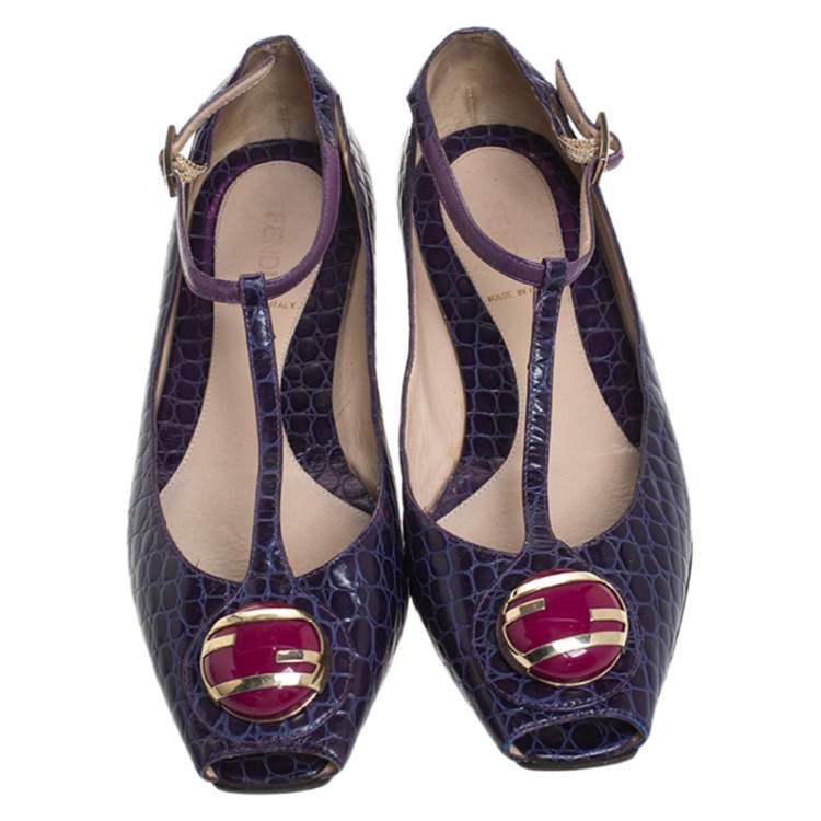 Pre Owned Fendi Purple Croc Embossed Leather Embellished T-Strap Flats Size 38