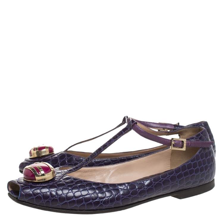 Pre Owned Fendi Purple Croc Embossed Leather Embellished T-Strap Flats Size 38