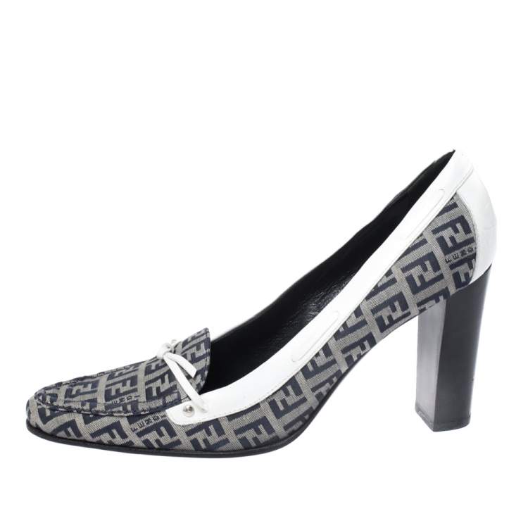 Pre Owned  Fendi Multicolor Zucca Canvas And Leather Square Toe Block Heel Pumps Size 37