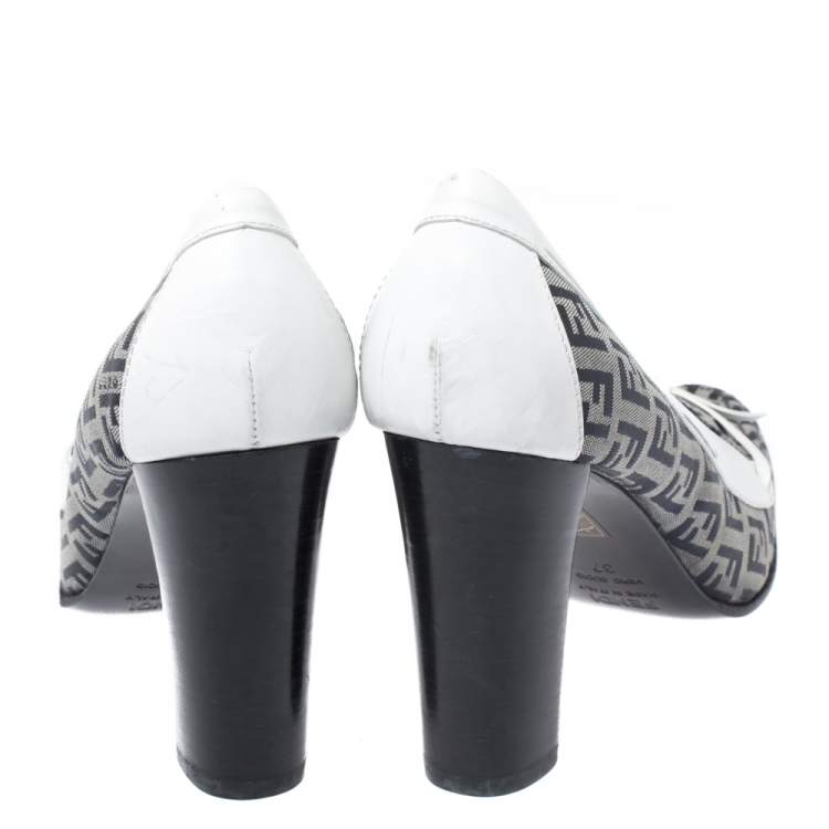 Pre Owned  Fendi Multicolor Zucca Canvas And Leather Square Toe Block Heel Pumps Size 37