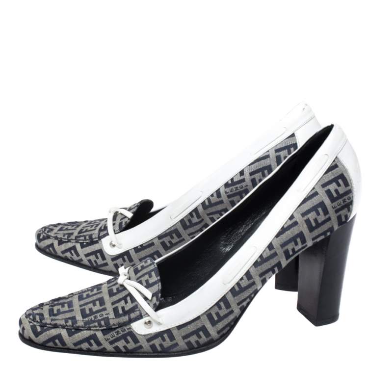 Pre Owned  Fendi Multicolor Zucca Canvas And Leather Square Toe Block Heel Pumps Size 37