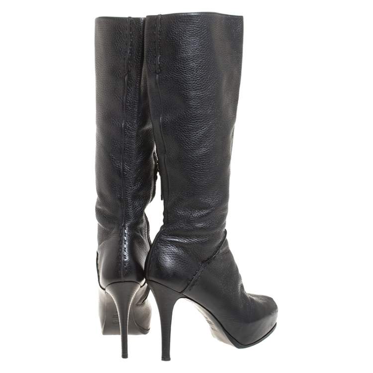 Pre Owned Fendi Black Textured Leather Mid Calf Platform Boots Size 38.5