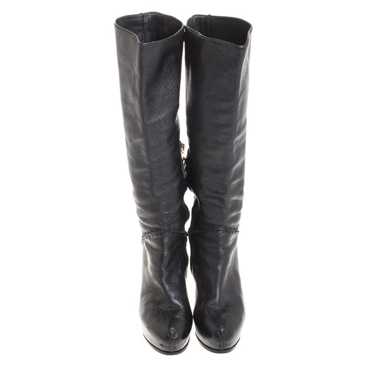 Pre Owned Fendi Black Textured Leather Mid Calf Platform Boots Size 38.5