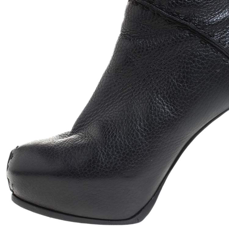 Pre Owned Fendi Black Textured Leather Mid Calf Platform Boots Size 38.5