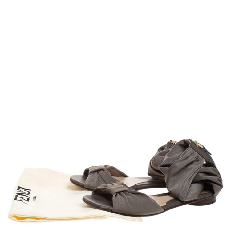 Pre Owned Fendi Grey Stretch Fabric Ankle Wrap Flat Sandals Size 36.5
