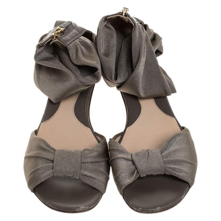 Pre Owned Fendi Grey Stretch Fabric Ankle Wrap Flat Sandals Size 36.5