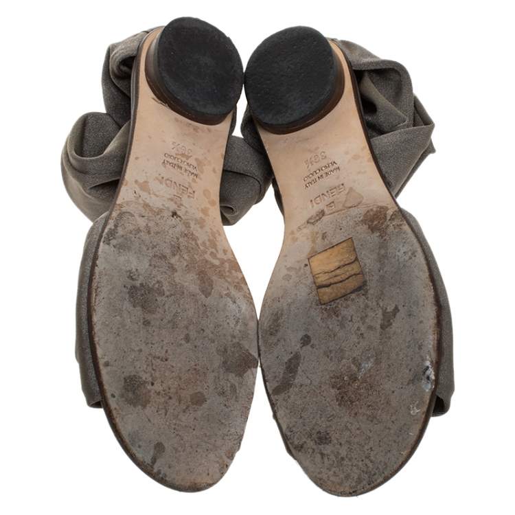 Pre Owned Fendi Grey Stretch Fabric Ankle Wrap Flat Sandals Size 36.5