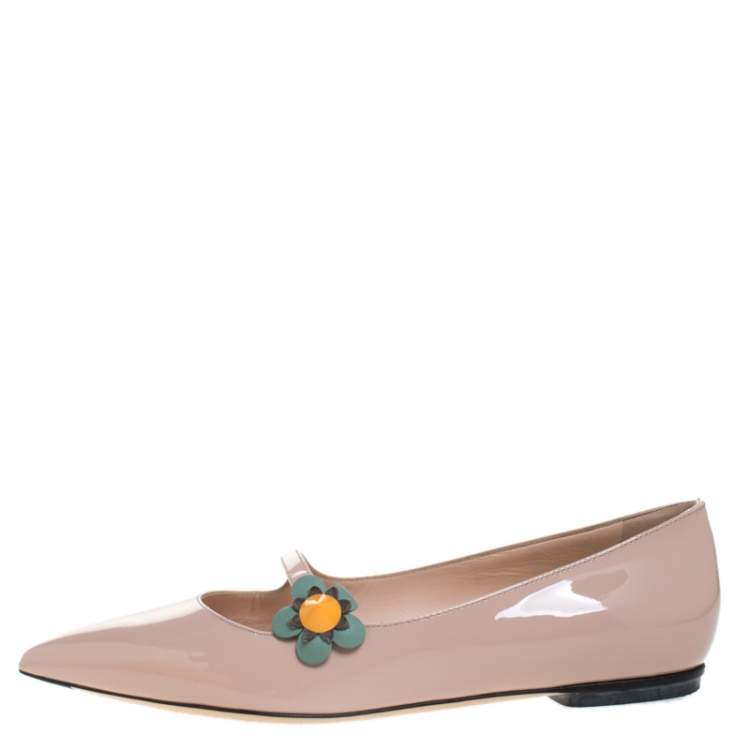 Pre Owned Fendi Blush Pink Patent Leather Flowerland Mary Jane Pointed Toe Flats Size 36
