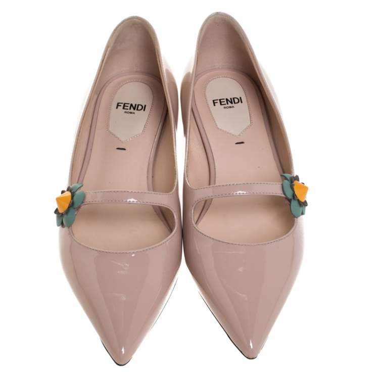 Pre Owned Fendi Blush Pink Patent Leather Flowerland Mary Jane Pointed Toe Flats Size 36