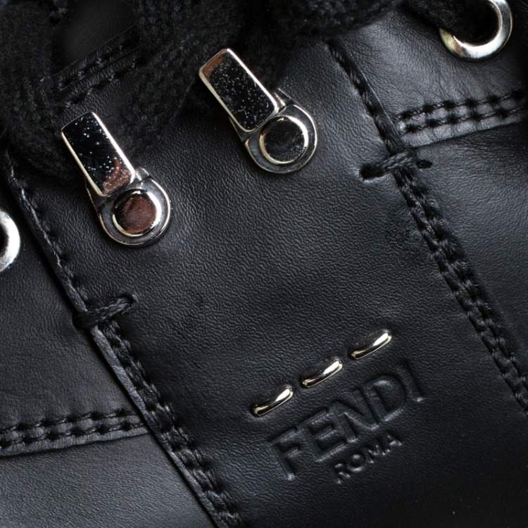 Pre Owned Fendi Black Leather And Fur Trim Lace Up Ankle Boots Size 39