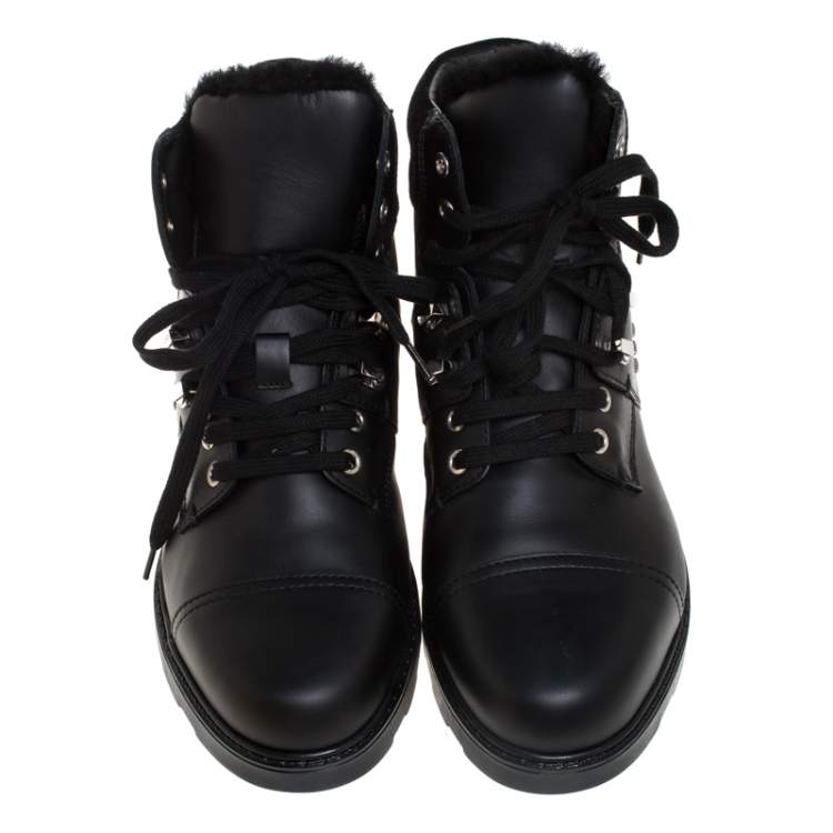 Pre Owned Fendi Black Leather And Fur Trim Lace Up Ankle Boots Size 39