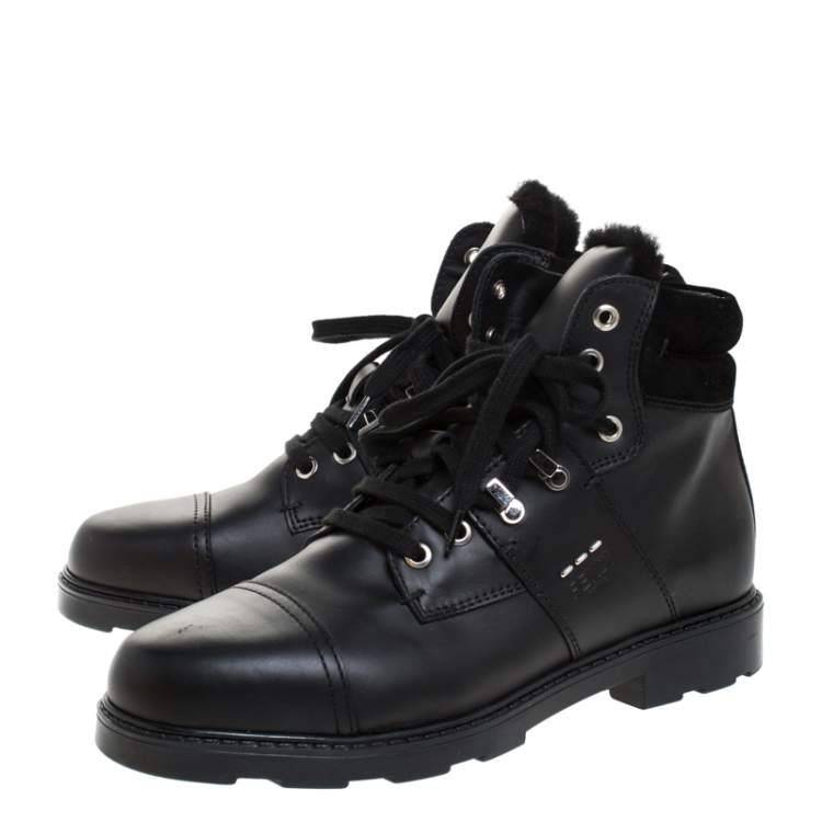 Pre Owned Fendi Black Leather And Fur Trim Lace Up Ankle Boots Size 39