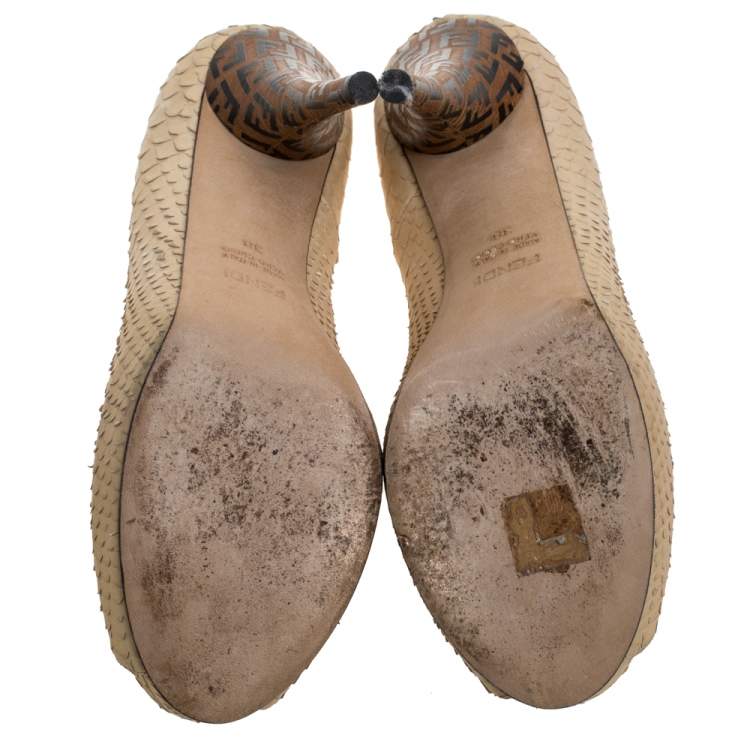 Pre Owned Fendi Beige Python Zucchino Heel Peep Toe Pumps Size 38