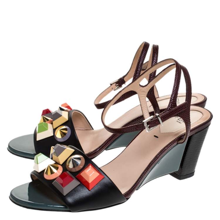 Pre Owned Fendi Multicolor Lizard Embossed And Leather Fantasia Studded Ankle Strap Sandals Size 37.5