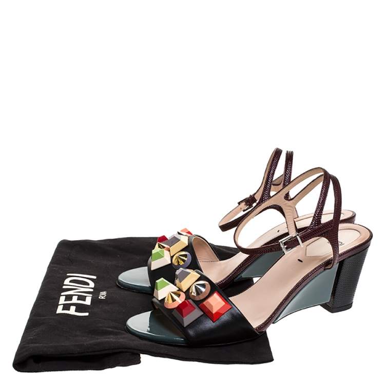 Pre Owned Fendi Multicolor Lizard Embossed And Leather Fantasia Studded Ankle Strap Sandals Size 37.5