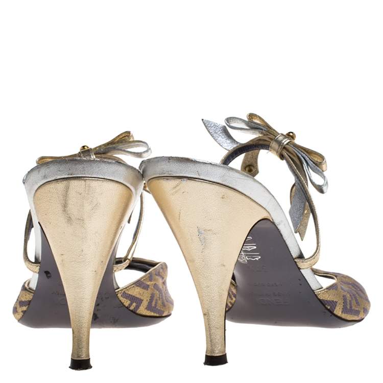 Pre Owned Fendi Multicolor Zucca Canvas and Leather Bow Slide Sandals Size 37.5