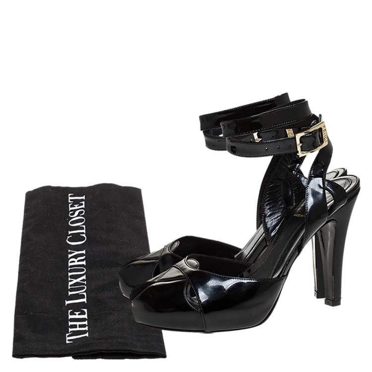 Pre Owned Fendi Black Patent Leather Peep Toe Platform Ankle Wrap Sandals Size 39