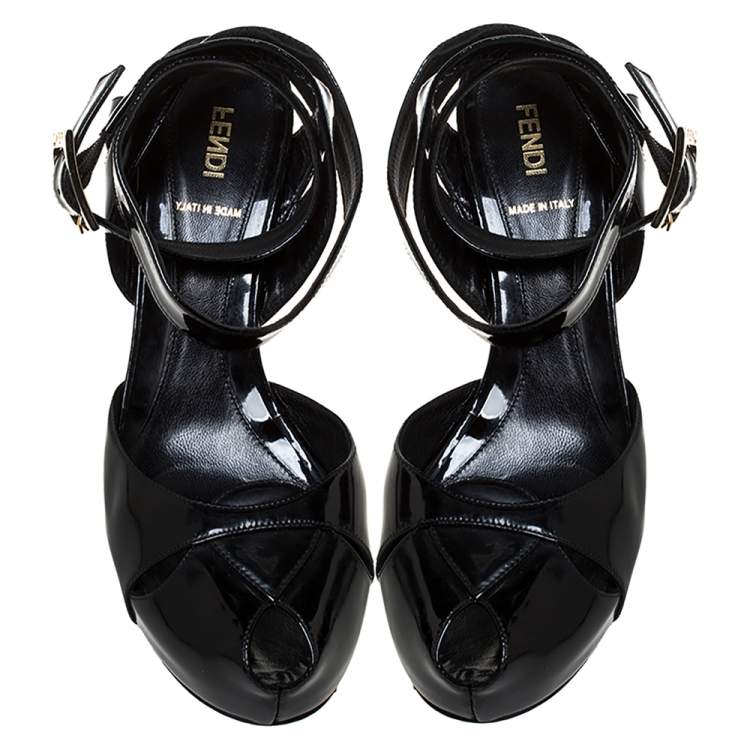 Pre Owned Fendi Black Patent Leather Peep Toe Platform Ankle Wrap Sandals Size 39