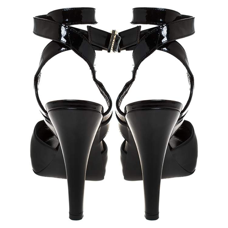 Pre Owned Fendi Black Patent Leather Peep Toe Platform Ankle Wrap Sandals Size 39