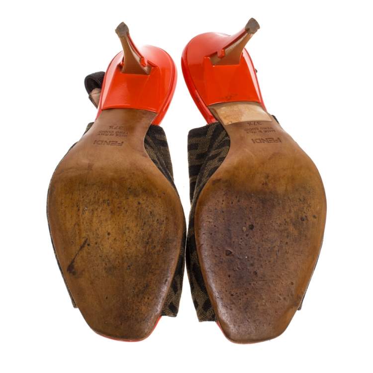 Pre Owned Fendi Brown Zucca Canvas and Orange Patent Leather Slingback Sandals Size 37.5