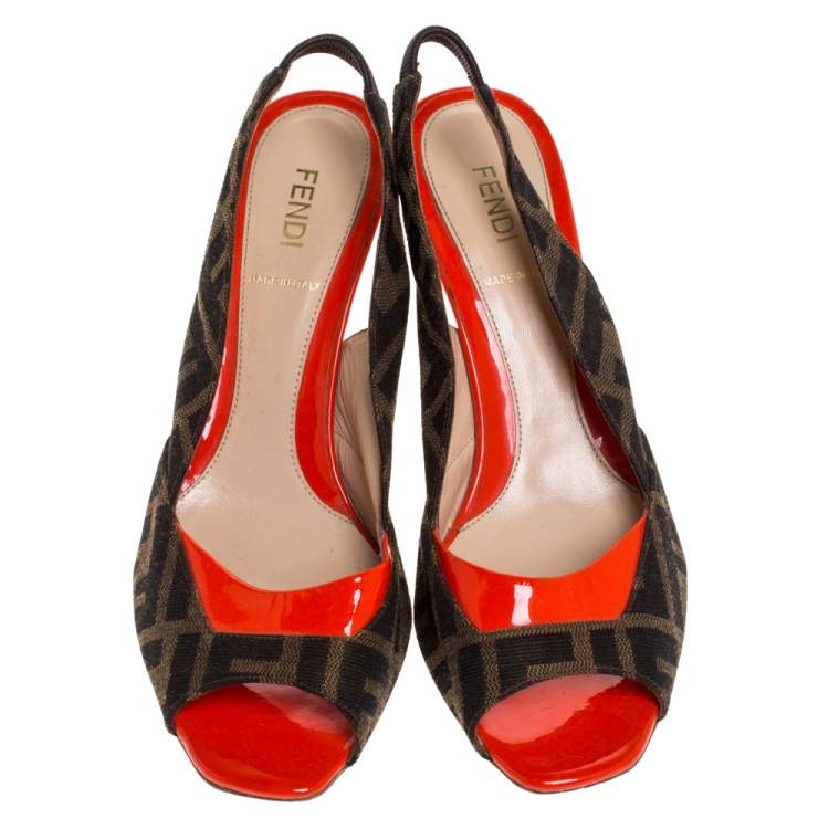 Pre Owned Fendi Brown Zucca Canvas and Orange Patent Leather Slingback Sandals Size 37.5