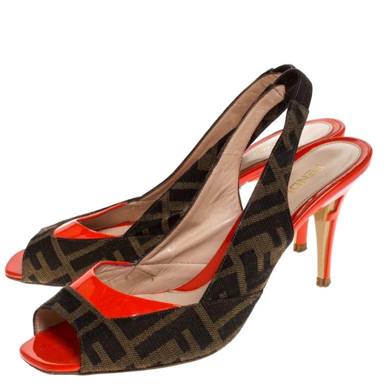 Pre Owned Fendi Brown Zucca Canvas and Orange Patent Leather Slingback Sandals Size 37.5