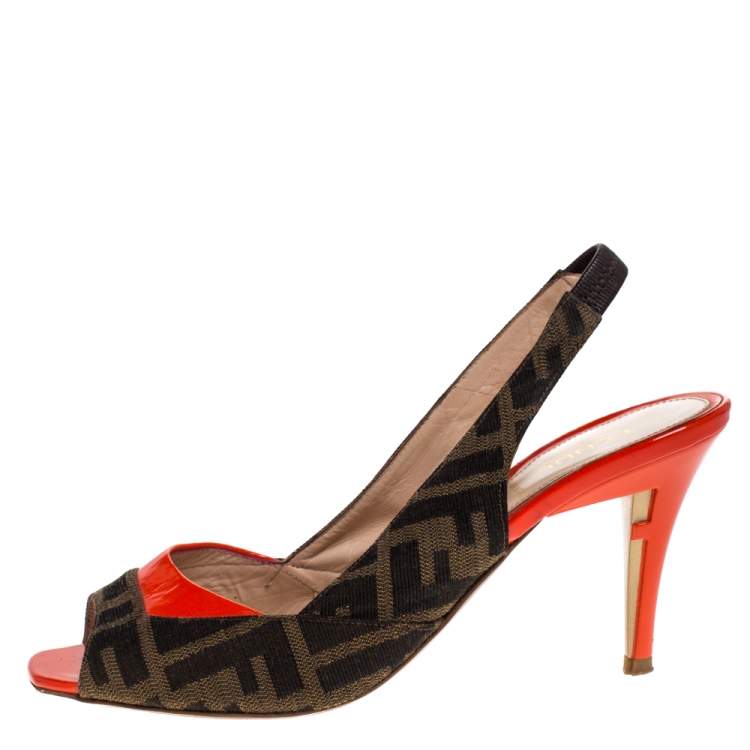 Pre Owned Fendi Brown Zucca Canvas and Orange Patent Leather Slingback Sandals Size 37.5