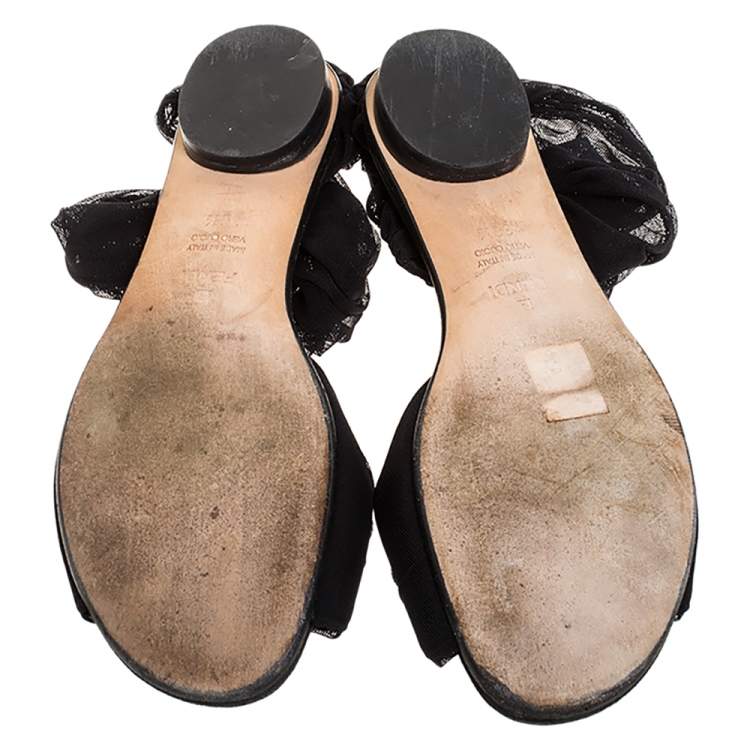 Pre Owned Fendi Black Mesh Fabric Open Toe Flat Sandals Size 36.5