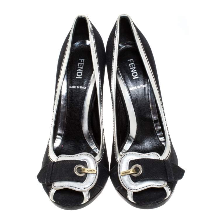 Pre Owned Fendi Black/Silver Canvas And Leather Trim B Buckle Peep Toe Pumps Size 38