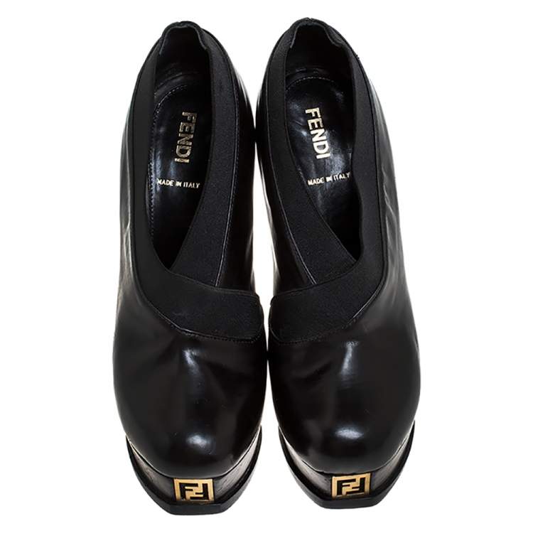 Pre Owned Fendi Black Leather Faux-wrap Fendista Platform Ankle Booties Size 37
