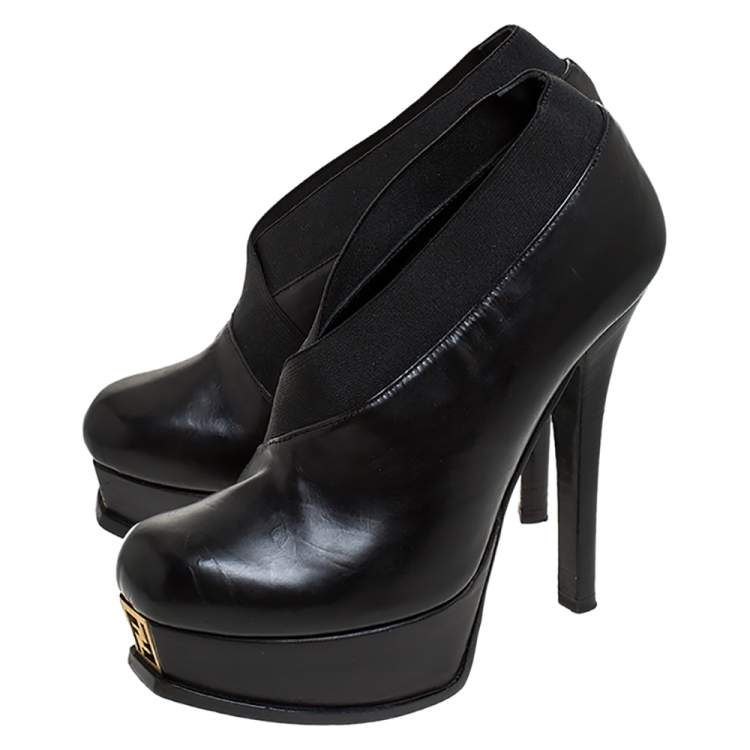 Pre Owned Fendi Black Leather Faux-wrap Fendista Platform Ankle Booties Size 37