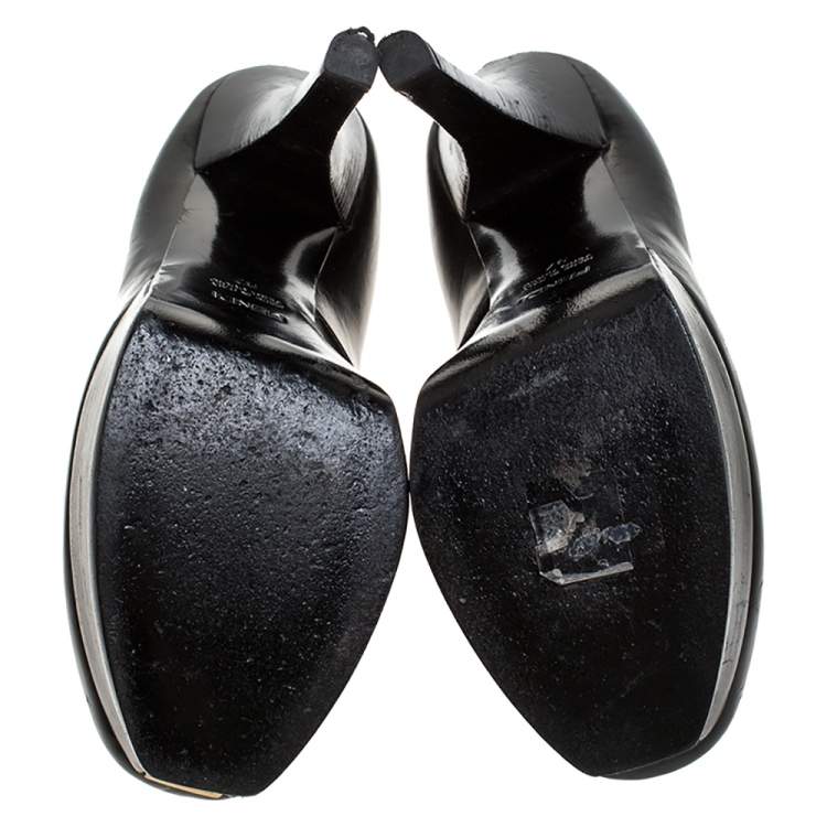 Pre Owned Fendi Black Leather Faux-wrap Fendista Platform Ankle Booties Size 37