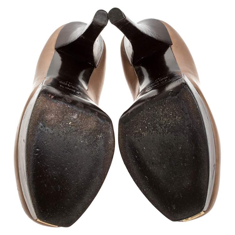 Pre Owned Fendi Beige/Brown Leather Fendista Faux-wrap Platform Ankle Booties Size 37