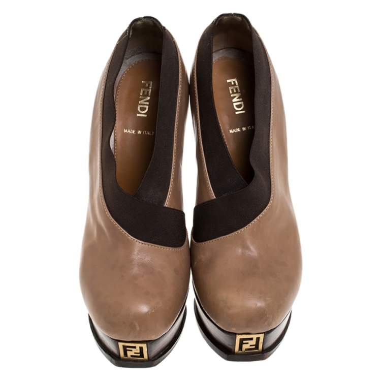 Pre Owned Fendi Beige/Brown Leather Fendista Faux-wrap Platform Ankle Booties Size 37