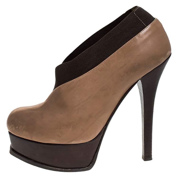 Pre Owned Fendi Beige/Brown Leather Fendista Faux-wrap Platform Ankle Booties Size 37