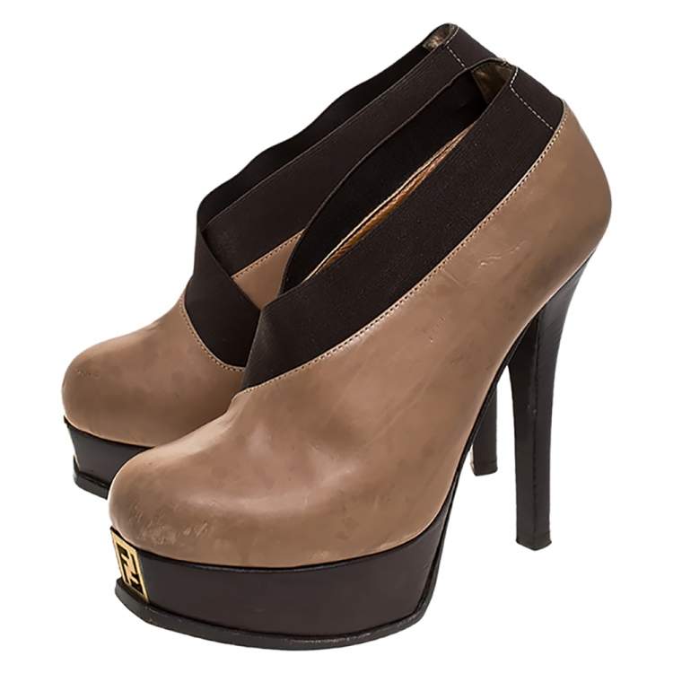 Pre Owned Fendi Beige/Brown Leather Fendista Faux-wrap Platform Ankle Booties Size 37