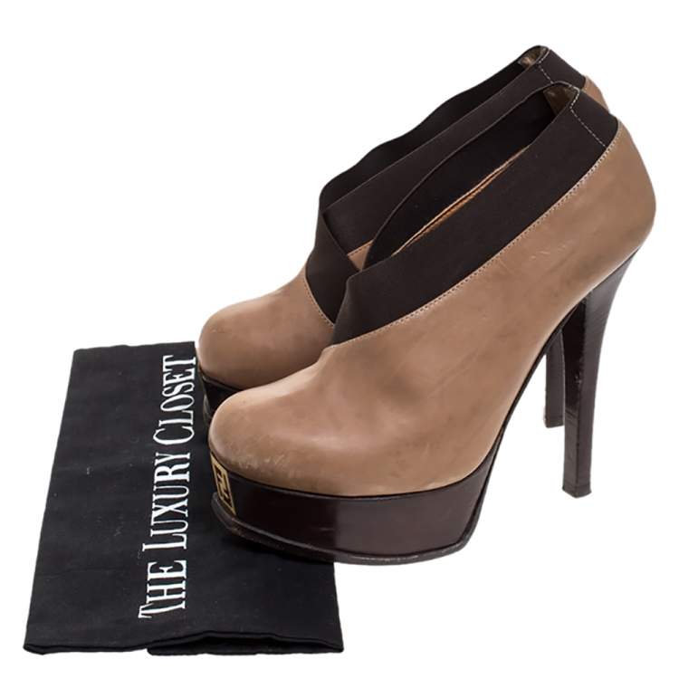 Pre Owned Fendi Beige/Brown Leather Fendista Faux-wrap Platform Ankle Booties Size 37