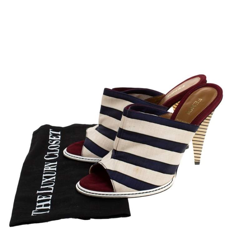 Pre Owned Fendi Tricolor Striped Canvas Slide Sandals Size 36