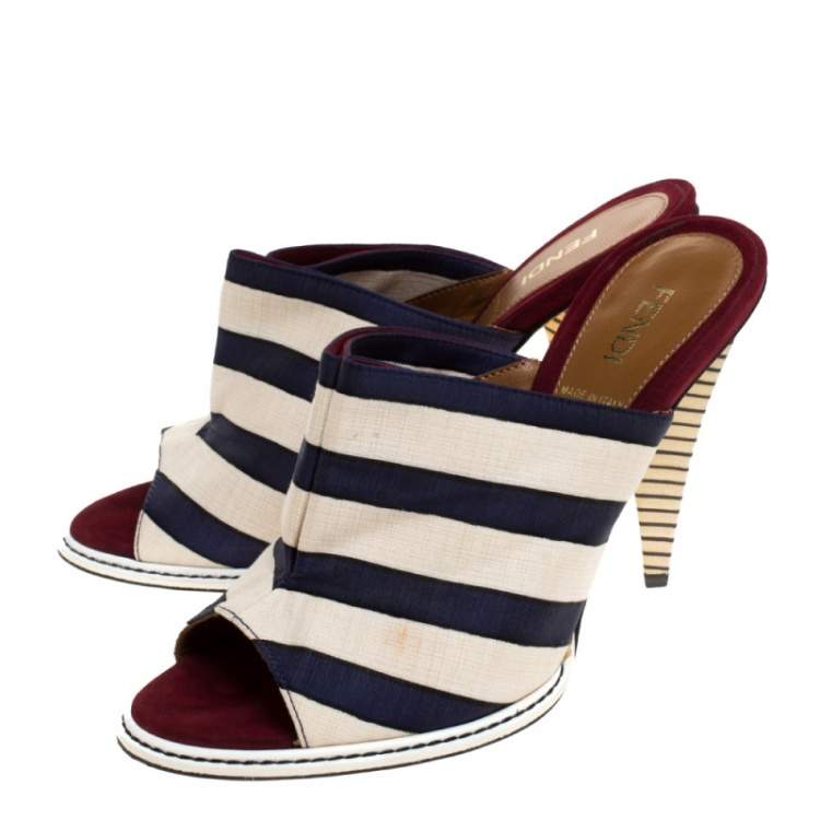 Pre Owned Fendi Tricolor Striped Canvas Slide Sandals Size 36