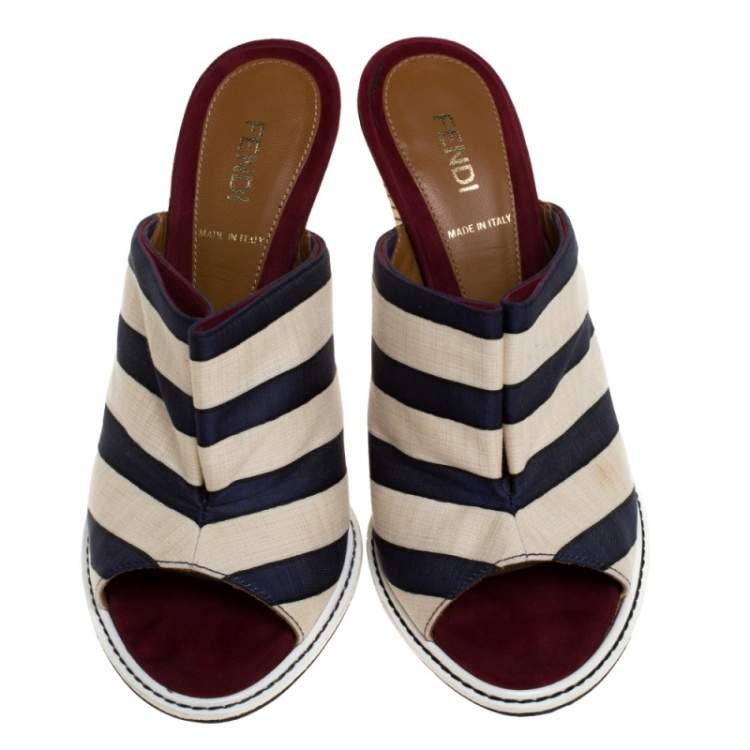 Pre Owned Fendi Tricolor Striped Canvas Slide Sandals Size 36