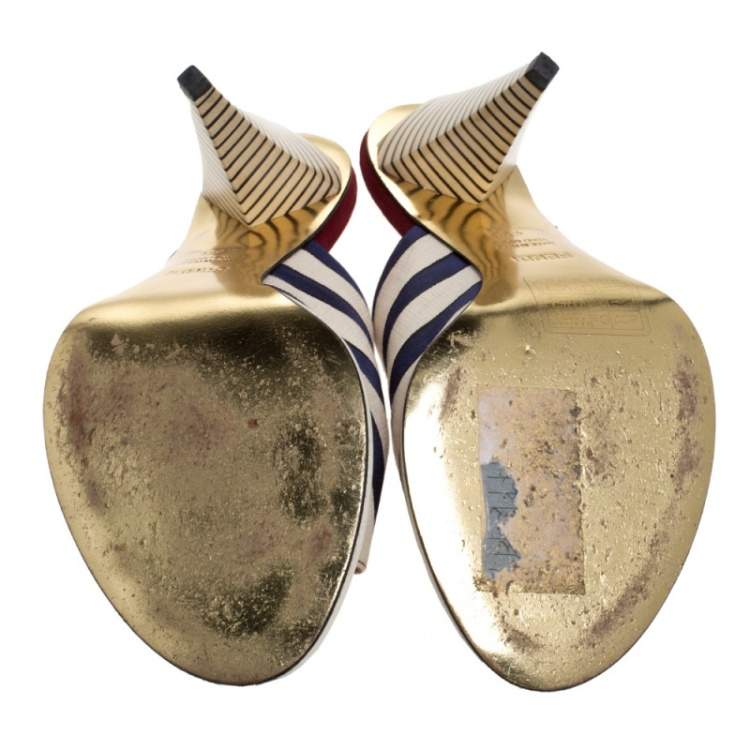 Pre Owned Fendi Tricolor Striped Canvas Slide Sandals Size 36
