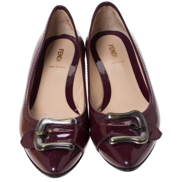Pre Owned Fendi Maroon Patent Leather Buckle Detail Pointed Toe Ballet Flats Size 39.5