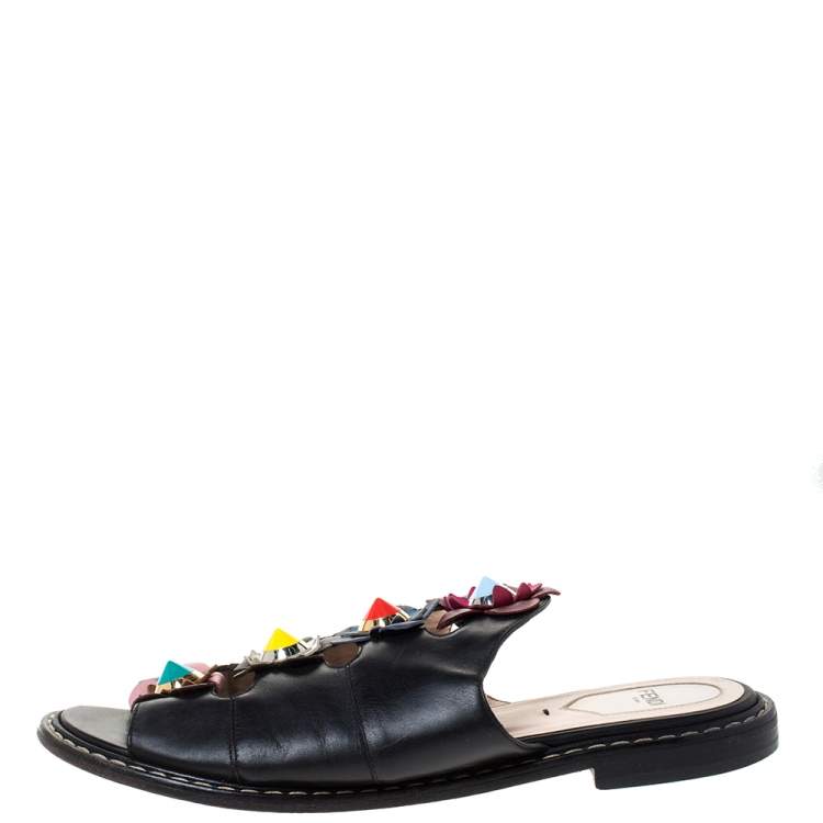 Pre Owned Fendi Black Leather Flowerland Slide Sandals Size 39