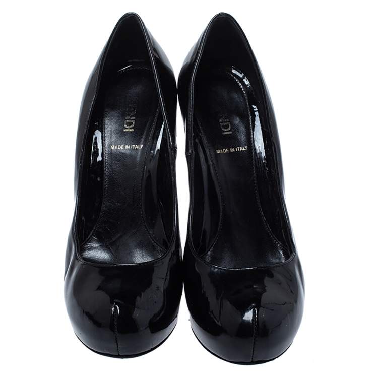 Pre Owned Fendi Black Patent Leather FF Logo Heels Platform Pumps Size 37