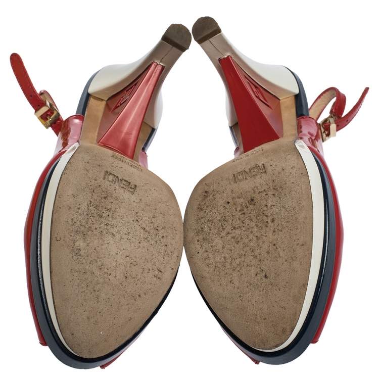 Pre Owned Fendi Tricolor Patent Leather Decollete Slingback FF Wedge Sandals Size 38 