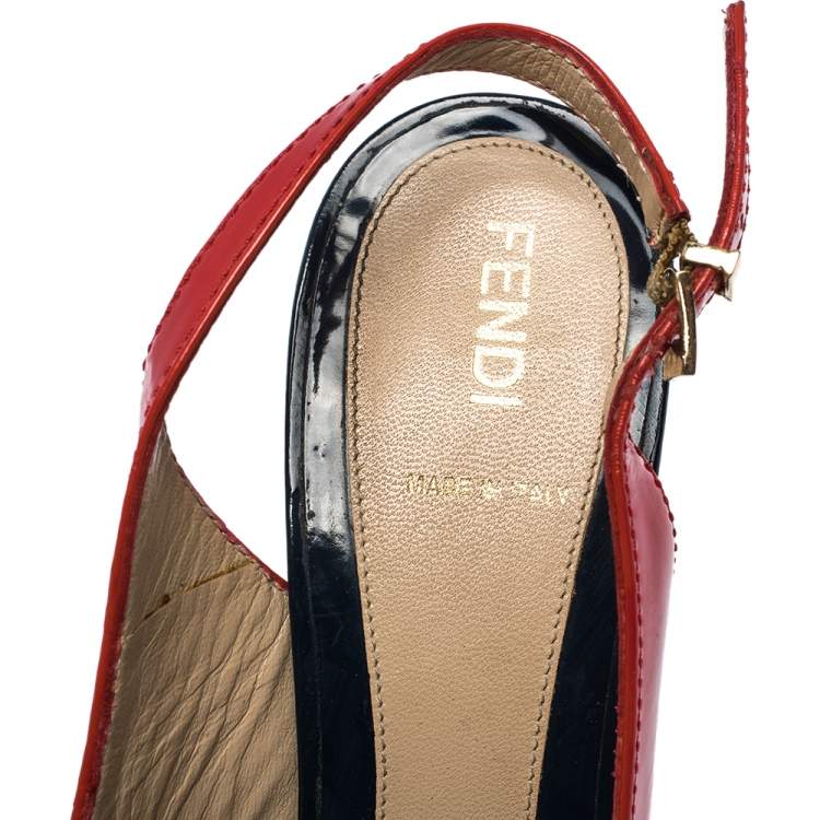 Pre Owned Fendi Tricolor Patent Leather Decollete Slingback FF Wedge Sandals Size 38 