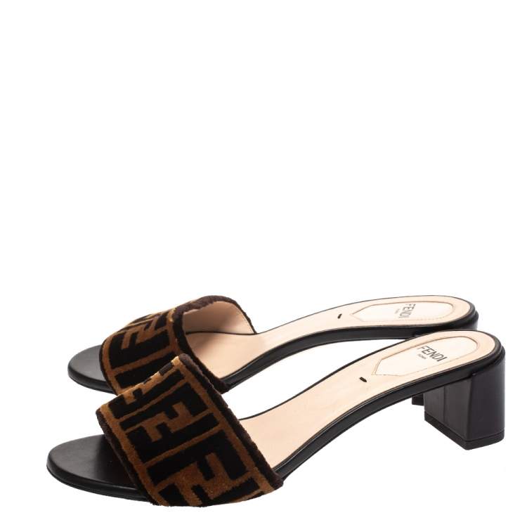 Pre Owned Fendi Brown/Black Velvet and Leather Open Toe Sandals Size 37