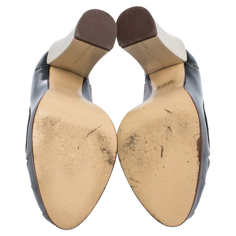 Pre Owned Fendi Black/Cream Patent Cut Out And Lizard Embossed Heel Platform Pumps Size 38