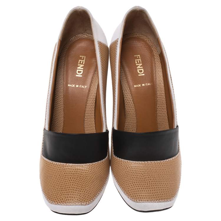 Pre Owned Fendi Multicolor Lizard Embossed Leather and Fabric Polifonia Court Studded Heel Pumps Size 38